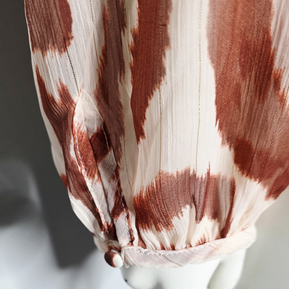 Sheer Women's Ruffle-Neck Button Front Blouse - Cream & Rust - Picture 6 of 9